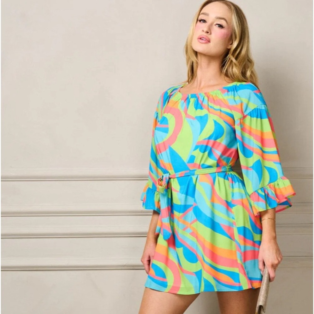 Womens 3/4 sleeve self tie tunic multi print mini dress